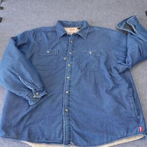 Wrangler Mens Blue Denim Sherpa Lined Shirt Jacket Button Up 3XL Distressed